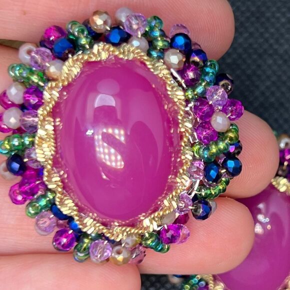 Vibrant Pink Oval Stud Earrings with Multi Color Crystal Details - Picture 8 of 8